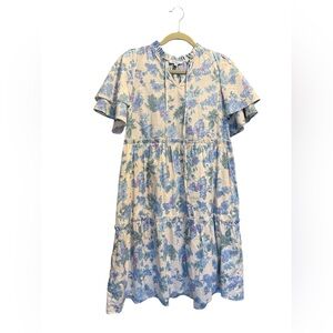 Polagram Women’s Blue Floral Midi Dress With Ruffle Sleeves Size Large